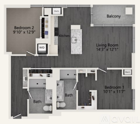 A floor plan of a small apartment with two bedrooms, a living room, a kitchen, and a bathroom.