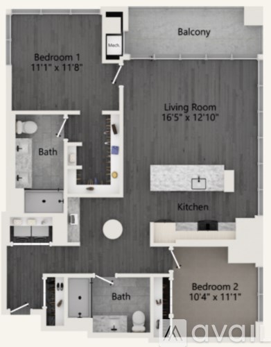 A floor plan of an apartment with a living room, two bedrooms, a kitchen, and a bathroom.