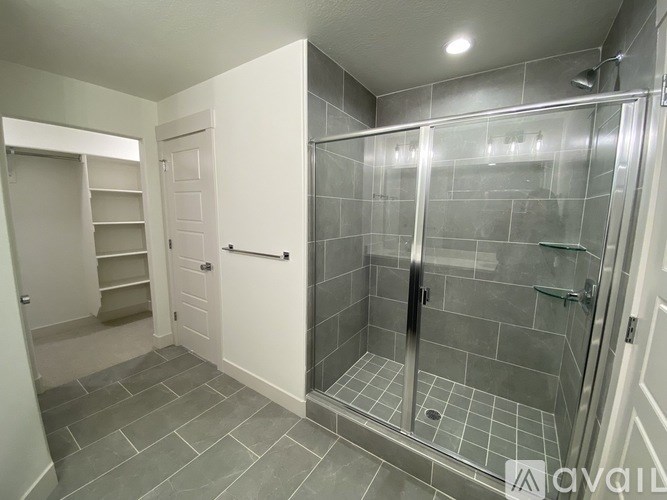 A bathroom with a walk-in shower and a white door.