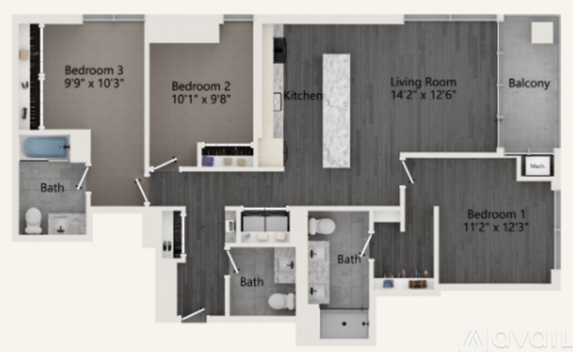 A floor plan of a home with three bedrooms, a living room, a kitchen, and a balcony.