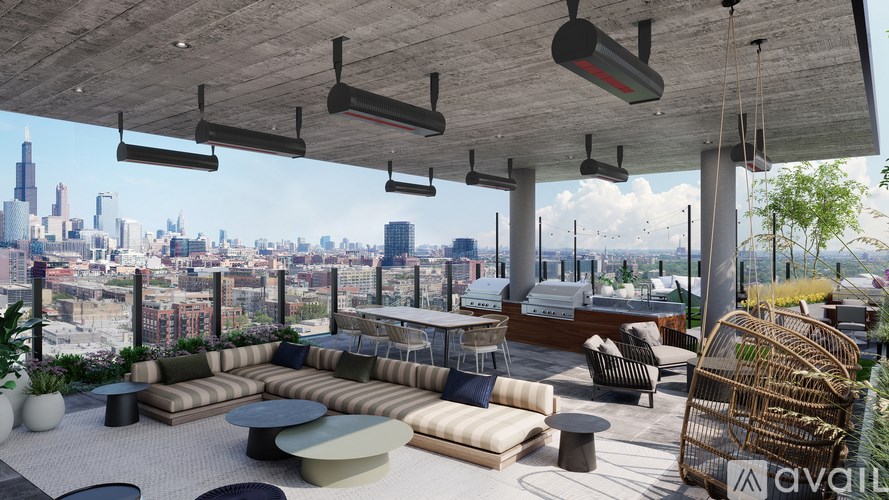 A modern outdoor seating area with a view of the city skyline.