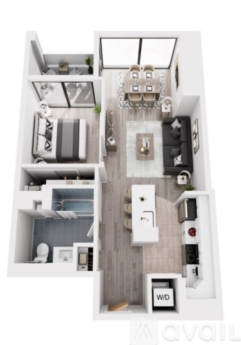 A floor plan of a small apartment with a kitchen, living room, and bathroom.