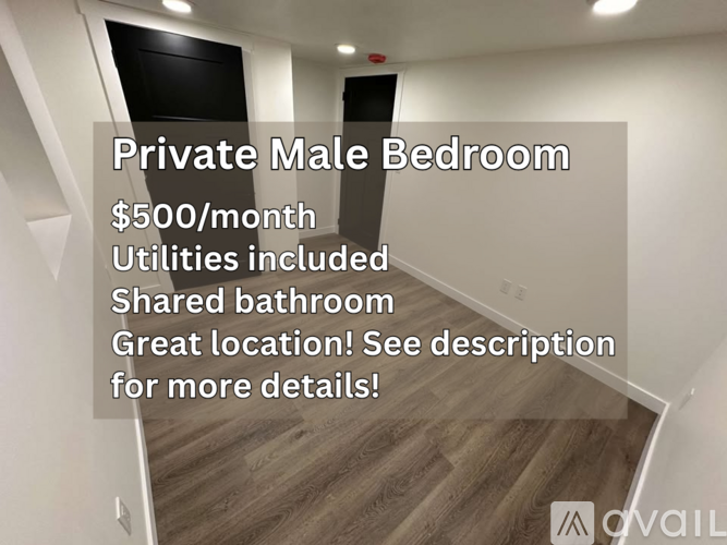 A private male bedroom is available for rent at $500 per month, including utilities and a shared bathroom.