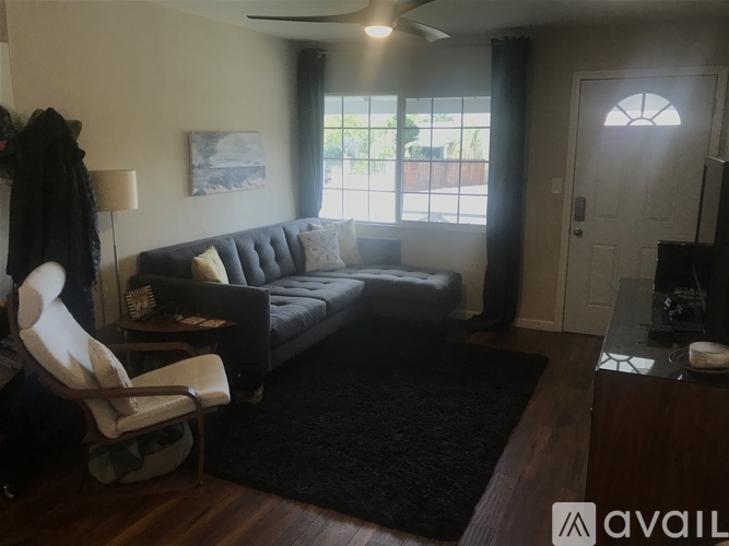 A living room with a grey couch and a black rug.