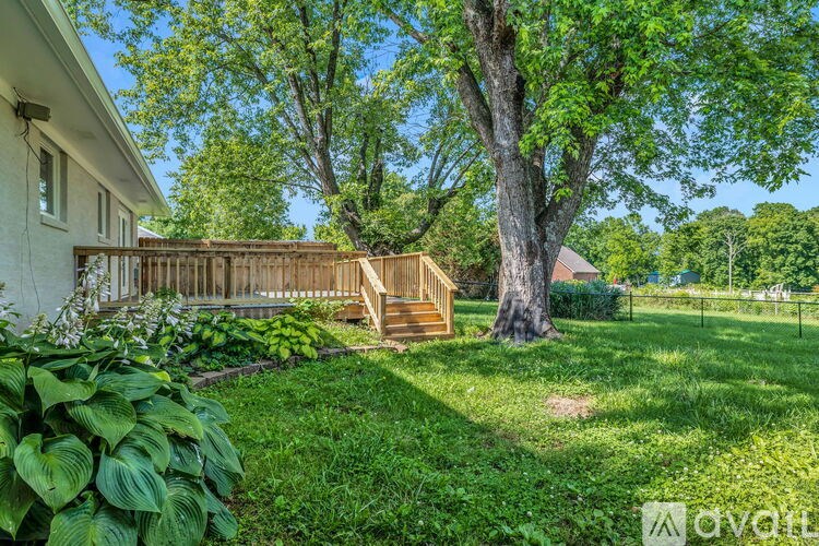 A backyard with a wooden deck and a large tree.