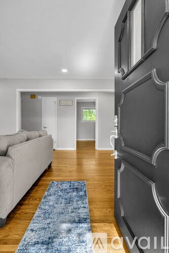 A living room with a grey couch and a blue rug.