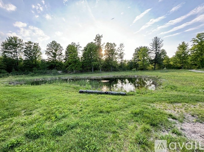 A serene landscape with a pond, trees, and a clear sky.