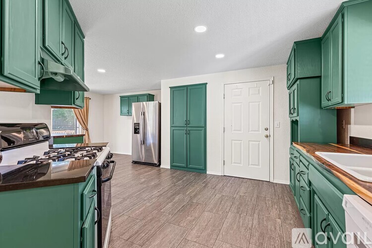 A kitchen with green cabinets and a white door in the background.