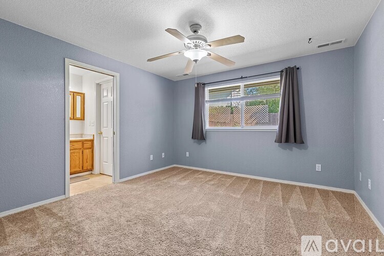 A room with a ceiling fan and a carpeted floor.