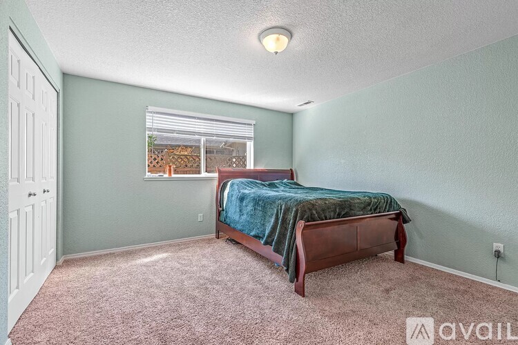 A bedroom with a bed, carpet, and a window.