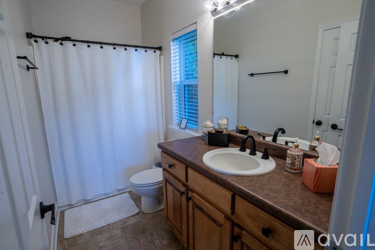 A bathroom with a toilet, sink, and shower.