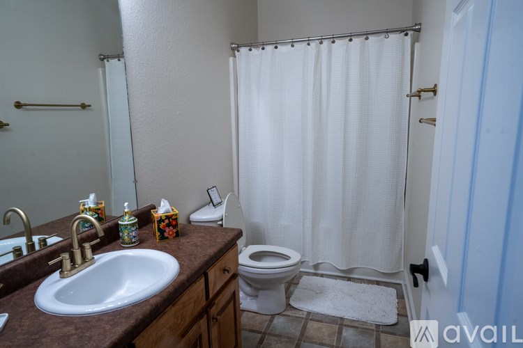 A bathroom with a white shower curtain and a brown counter top.