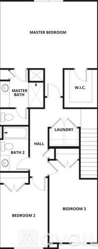A floor plan of a house with a master bedroom, two bathrooms, a laundry room, a hall, and three bedrooms.