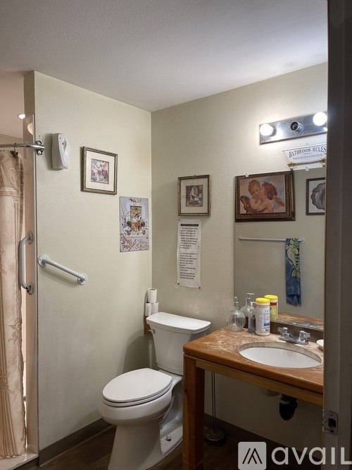 A bathroom with a toilet, sink, and mirror.