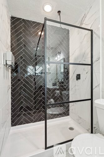 A bathroom with a walk-in shower and a toilet.