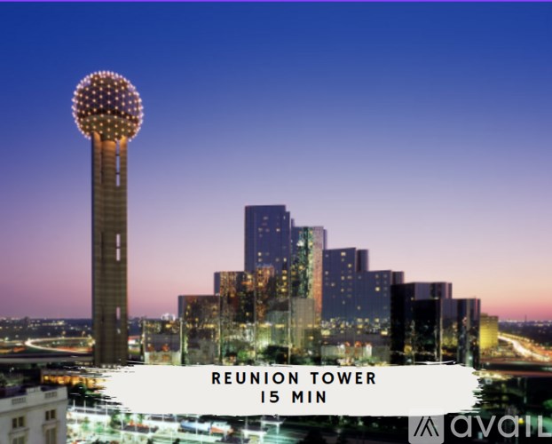 A tall tower with a spherical top is called Reunion Tower and it is 15 minutes away.