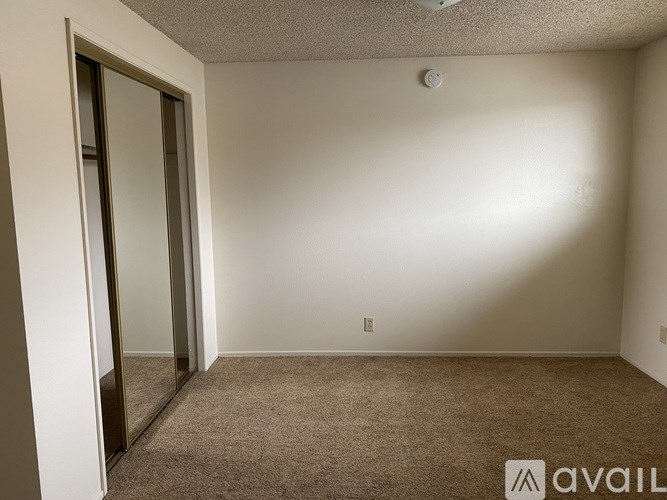 A room with a carpeted floor and a ceiling fan.