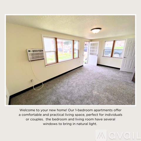 A room with a carpet floor, a ceiling fan, and a window with a view of a street.