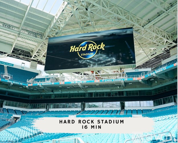 A large screen at Hard Rock Stadium displays the stadium's name.
