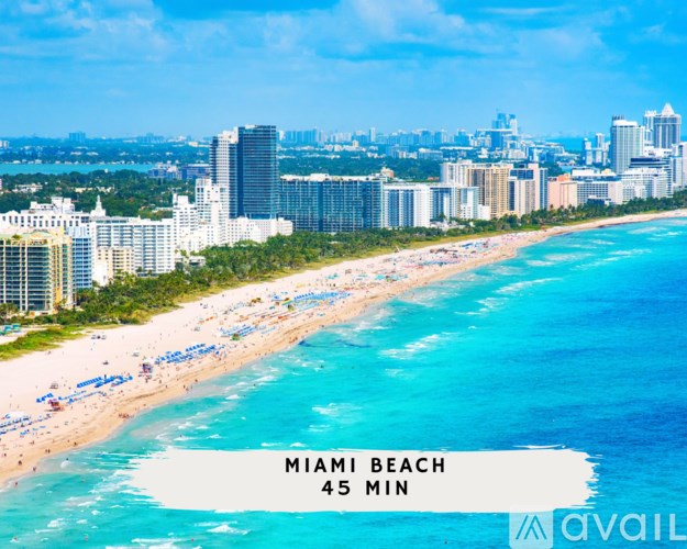 A beach scene with the text "Miami Beach 45 MIN" on it.
