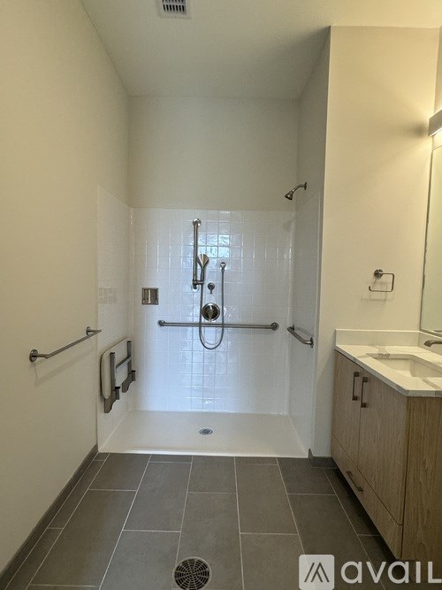 A bathroom with a walk-in shower and a sink.