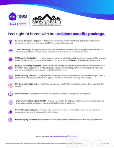 A flyer for a resident benefits package offered by Brown Realty.