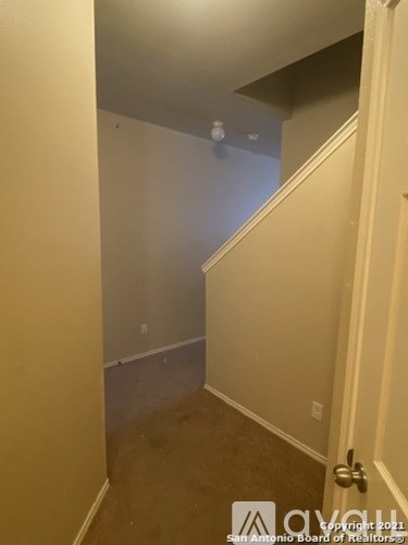 A hallway with a door on the right and a wall on the left.