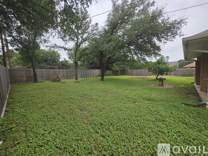 A backyard with a fence and trees.