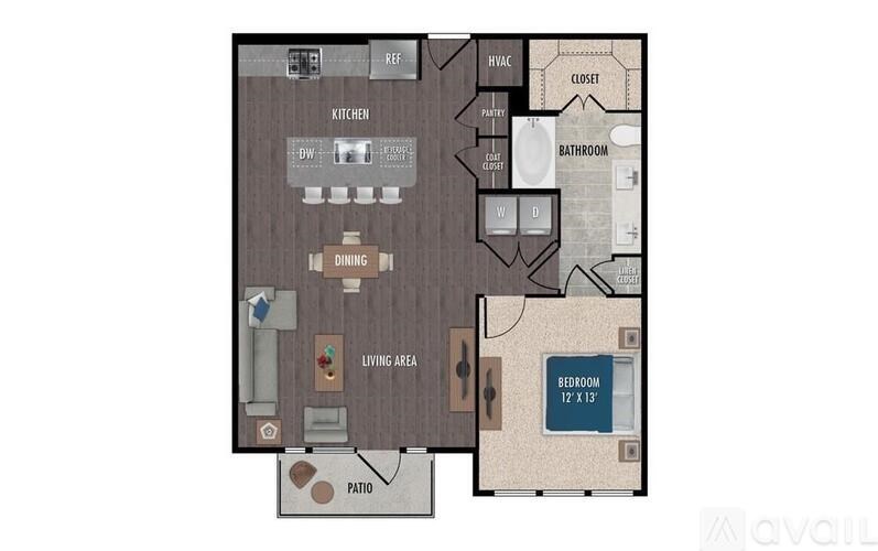 A floor plan of a house with a kitchen, dining area, living room, bedroom, bathroom, and patio.