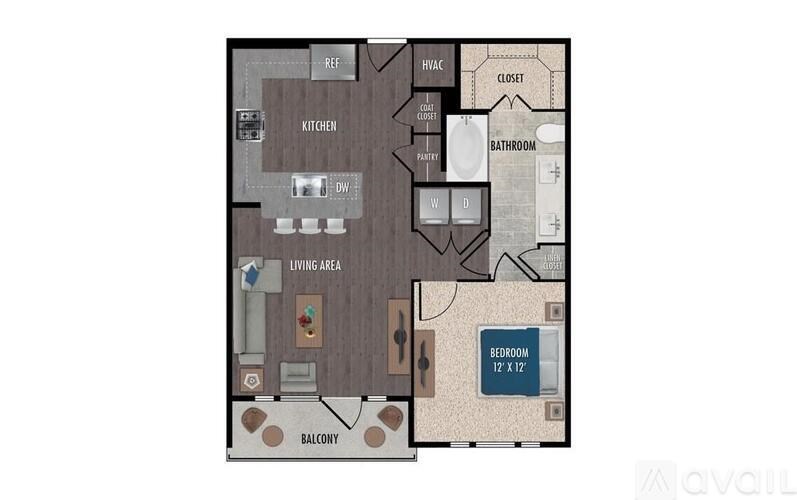 A floor plan of an apartment with a living area, kitchen, bathroom, and bedroom.