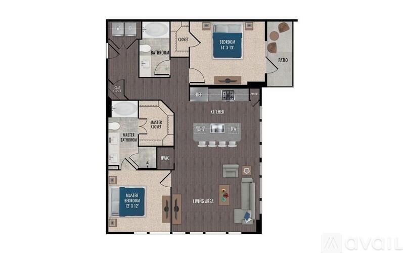 A floor plan of an apartment with a living room, kitchen, and two bathrooms.