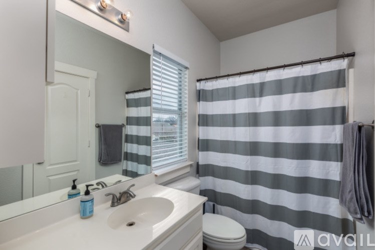 A bathroom with a striped shower curtain and a white toilet.