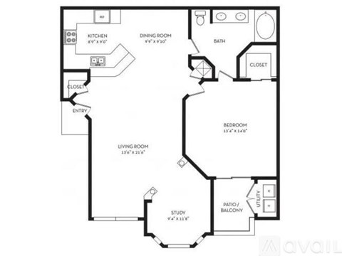 A floor plan of an apartment with a living room, dining room, kitchen, bathroom, bedroom, and balcony.