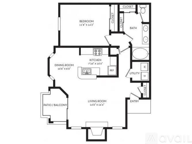 A floor plan of an apartment with a living room, dining room, kitchen, bathroom, and bedroom.