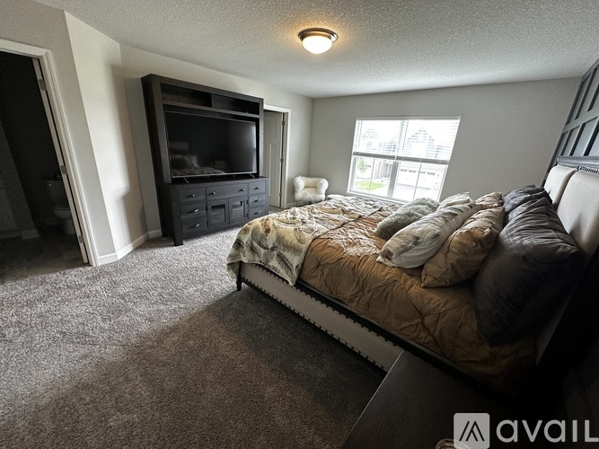 A bedroom with a bed, dresser, and television.