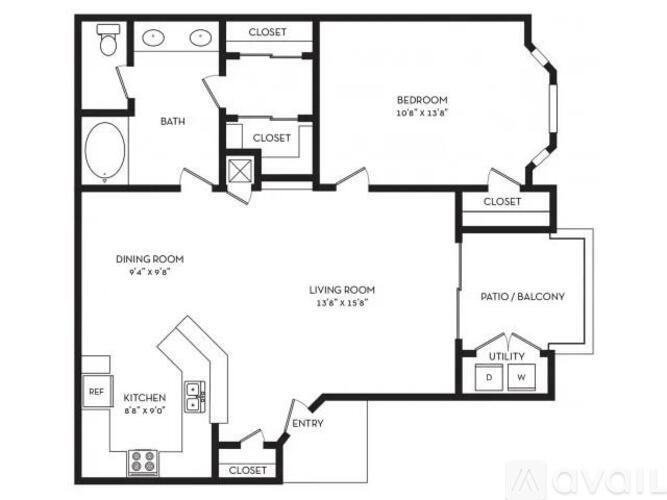 A floor plan of an apartment with a living room, dining room, kitchen, bedroom, and bathroom.