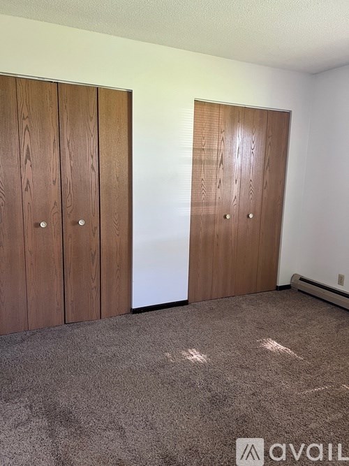 Two brown wood doors in a white room.