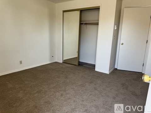 A room with a carpeted floor and a closet with a mirror.