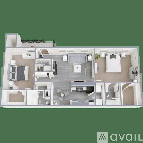 A floor plan of an apartment with a kitchen, living room, and two bedrooms.