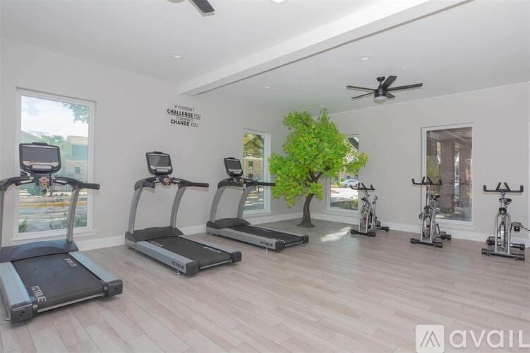 A gym with treadmills and exercise bikes.