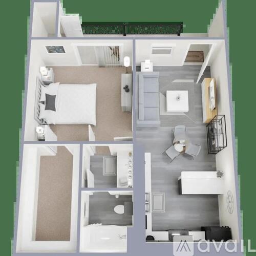 A 3D floor plan of a small apartment with a kitchen, living room, and bathroom.
