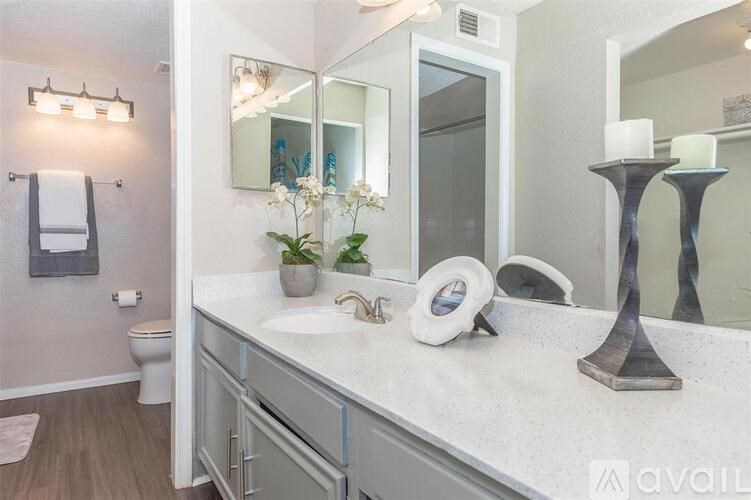 A bathroom with a toilet, sink, and mirror.