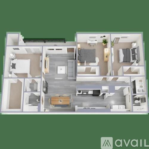 A floor plan of an apartment with a kitchen, living room, and two bedrooms.