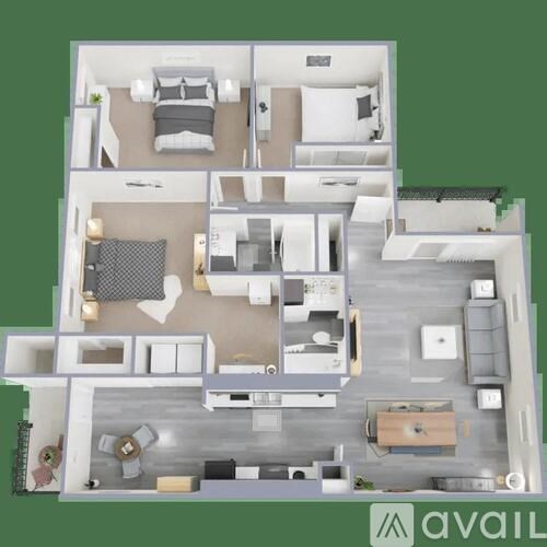A floor plan of an apartment with a kitchen, living room, and two bedrooms.