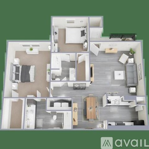 A floor plan of a house with a kitchen, living room, and two bedrooms.