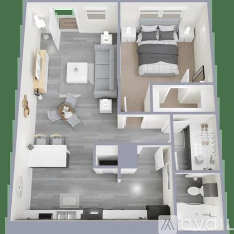 A 3D floor plan of a small apartment with a bedroom, living room, and kitchen.