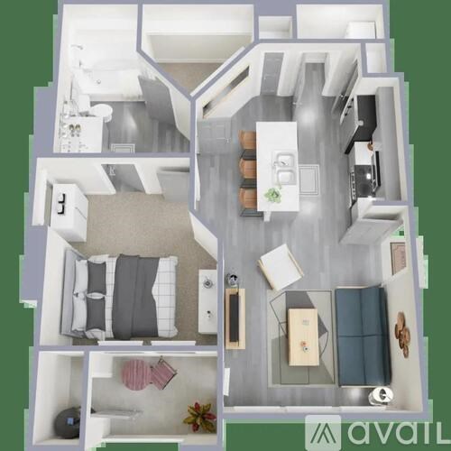 A 3D floor plan of a house with a kitchen, living room, and bathroom.