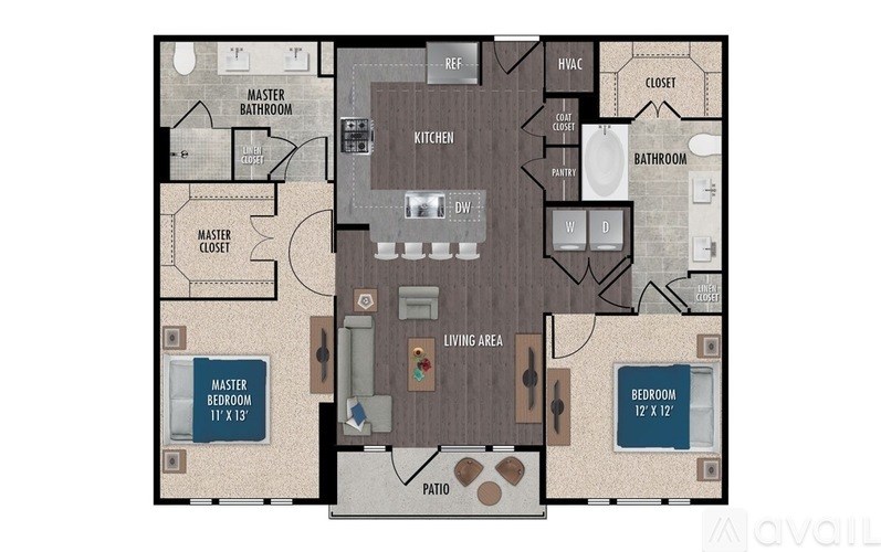 A floor plan of a house with two master bedrooms, a living area, and a kitchen.