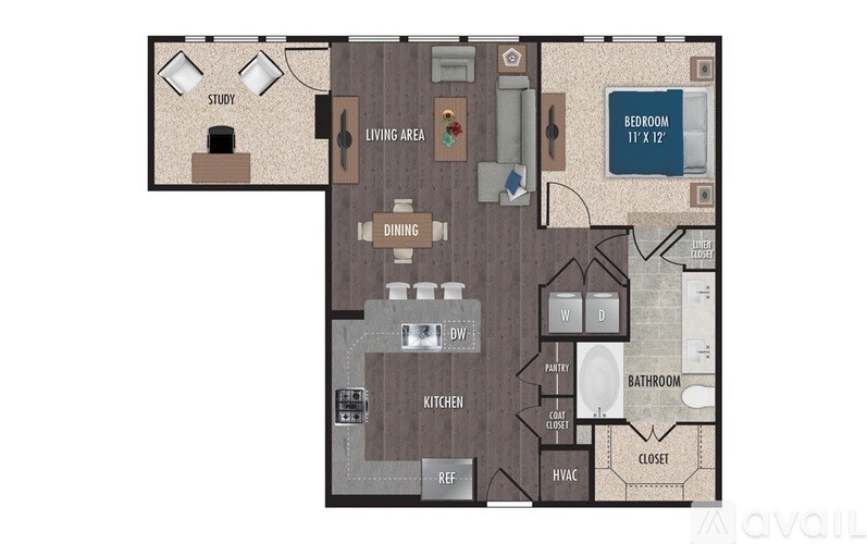 A floor plan of an apartment with a living area, dining room, kitchen, bathroom, bedroom, study, and closet.