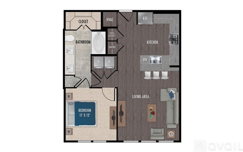 A floor plan of an apartment with a living area, bedroom, bathroom, kitchen, and closet.